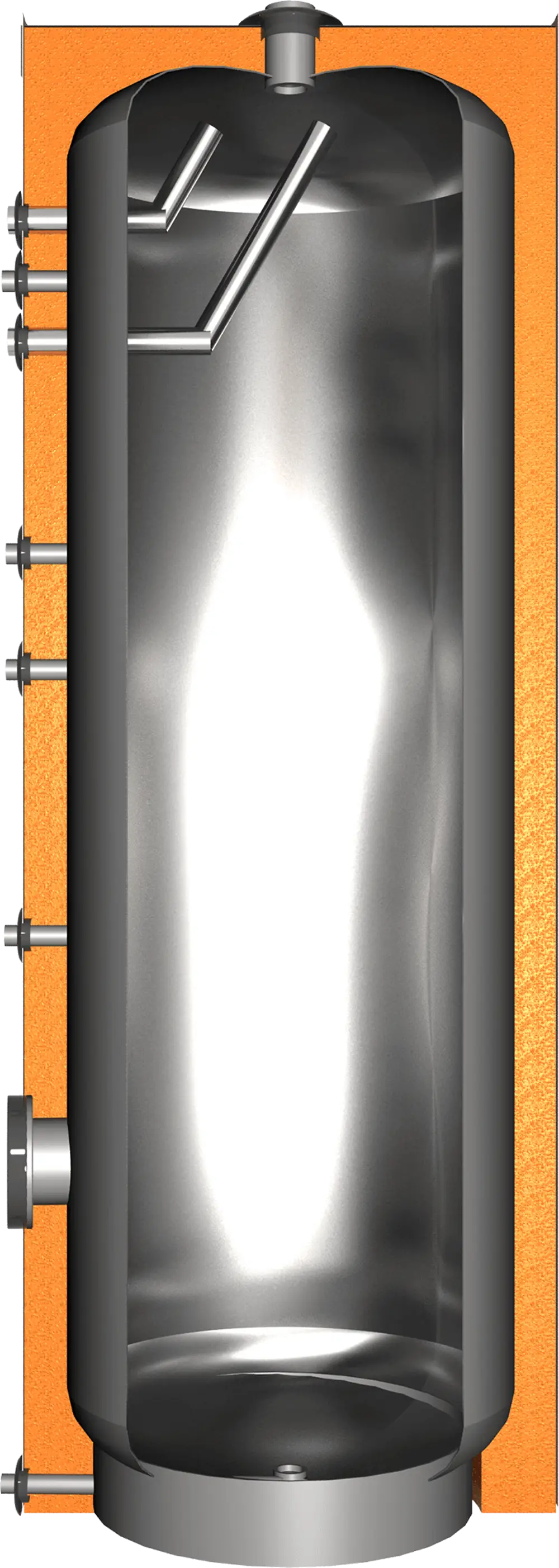 V4A-Wasserbehälter mit isolierter Außenwand, vertikal gefertigt. Produkt von Juratherm, geeignet zur Warmwasserbereitung. Anschlussmöglichkeiten seitlich und oben.